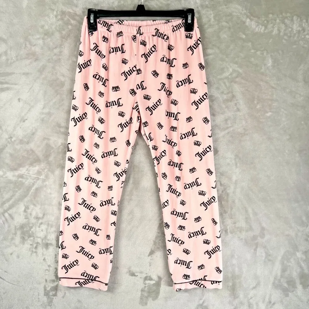 Juicy Couture Girls 7/8 Pink Logo Pajama Pants Crown Print Sleepwear Bottoms